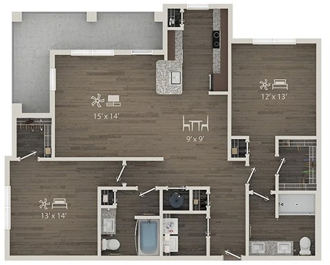 Floor plan for 2 beds, 2 baths, 1294 sqft