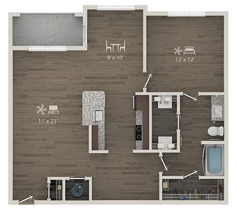 Floor plan for 1 bed, 1 bath, 1005 sqft