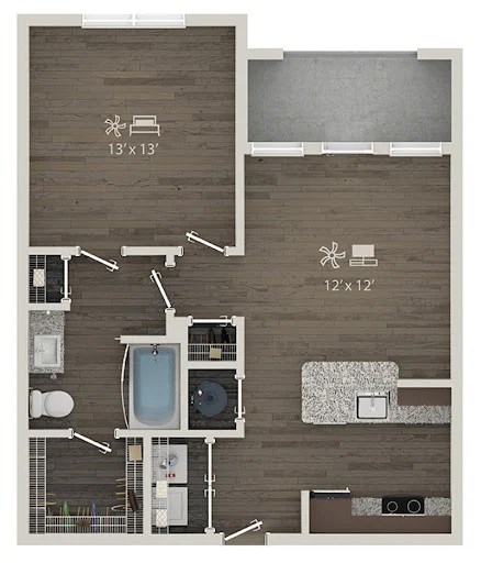 Floor plan for 1 bed, 1 bath, 684 sqft