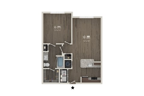 Floor plan for 1 bed, 1 bath, 746 sqft