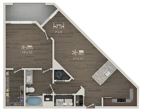 Floor plan for 1 bed, 1 bath, 815 sqft