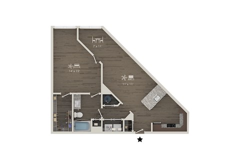 Floor plan for 1 bed, 1 bath, 895 sqft