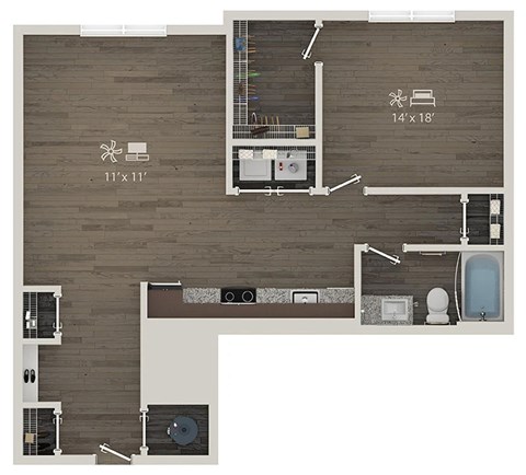 Floor plan for 1 bed, 1 bath, 846 sqft