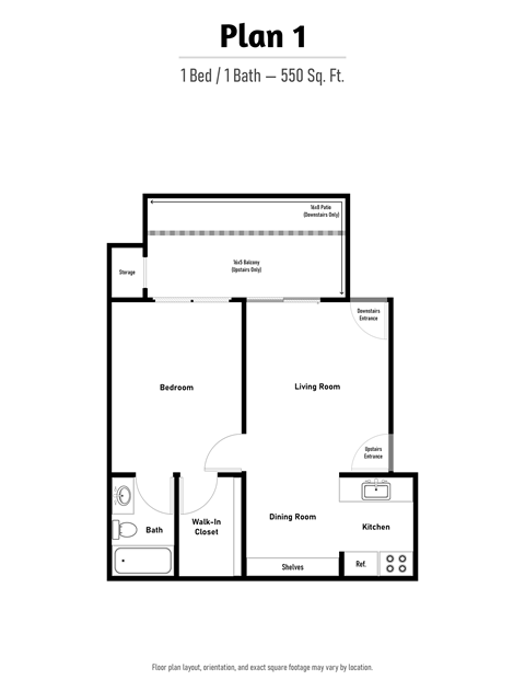 Floor plan for 1 bed, 1 bath, 550 sqft