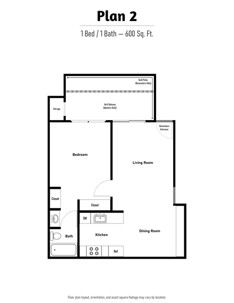 Floor plan for 1 bed, 1 bath, 600 sqft
