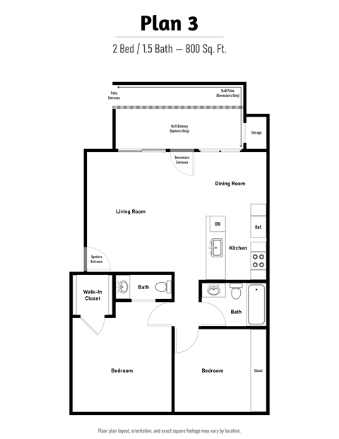 Floor plan for 2 beds, 1.5 baths, 800 sqft