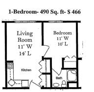 Floor plan for 1 bed, 1 bath, 490 sqft