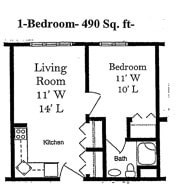 Floor plan for 1 bed, 1 bath, 490 sqft