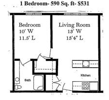 Floor plan for 1 bed, 1 bath, 590 sqft