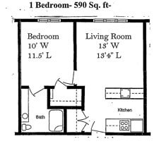 Floor plan for 1 bed, 1 bath, 590 sqft