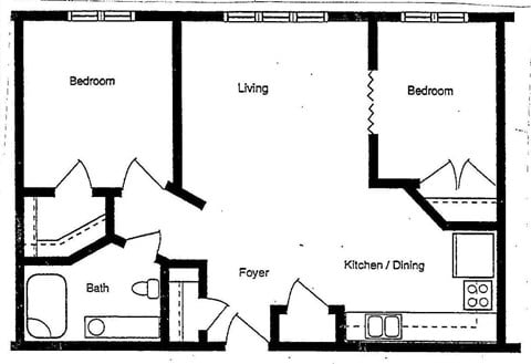 Floor plan for 2 beds, 1 bath, 776 sqft