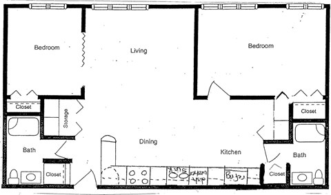 Floor plan for 2 beds, 2 baths, 770 sqft