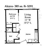 Floor plan for studio, 1 bath, 385 sqft