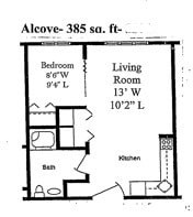 Floor plan for studio, 1 bath, 385 sqft