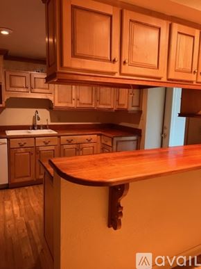 Pittsburgh apartment for rent - A kitchen with wooden cabinets and a counter.