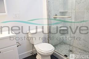 Boston apartment for rent - A white toilet in a bathroom with a glass shower door.