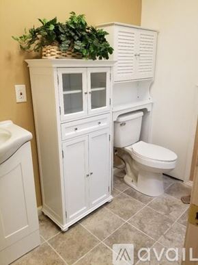 Lawrenceville apartment for rent - A white cabinet with glass doors is in a bathroom with a toilet.