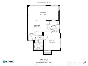 Chicago apartment for rent - A floor plan for a 554 square foot, one-bedroom apartment.