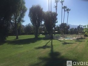 Rancho Mirage condo for rent - A sunny day at a park with palm trees and a pool.