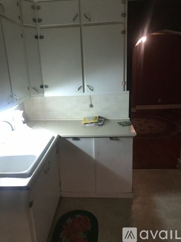 Indianapolis house for rent - A kitchen with white cabinets and a window.