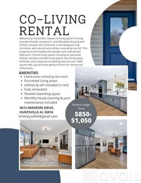Huntsville apartment for rent - A flyer for a co-living rental space with amenities and pricing information.