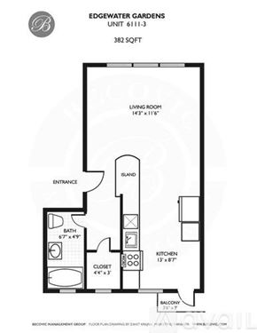 Chicago apartment for rent - A floor plan for a 382 square foot unit shows a living room, kitchen, bath, and closet.