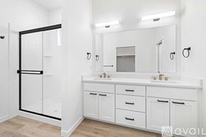 Caldwell house for rent - A bathroom with a white vanity and a large mirror.