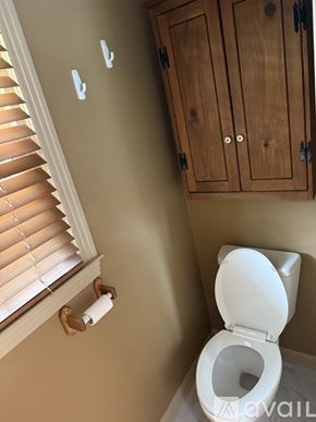 Moultrie house for rent - A toilet in a small bathroom with a wooden cabinet and a window with blinds.