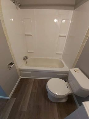 Belleville apartment for rent - A white toilet sits next to a bathtub in a bathroom.