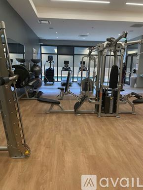 Denver apartment for rent - A gym with a variety of equipment including a squat rack, a leg press machine, and a bench press.