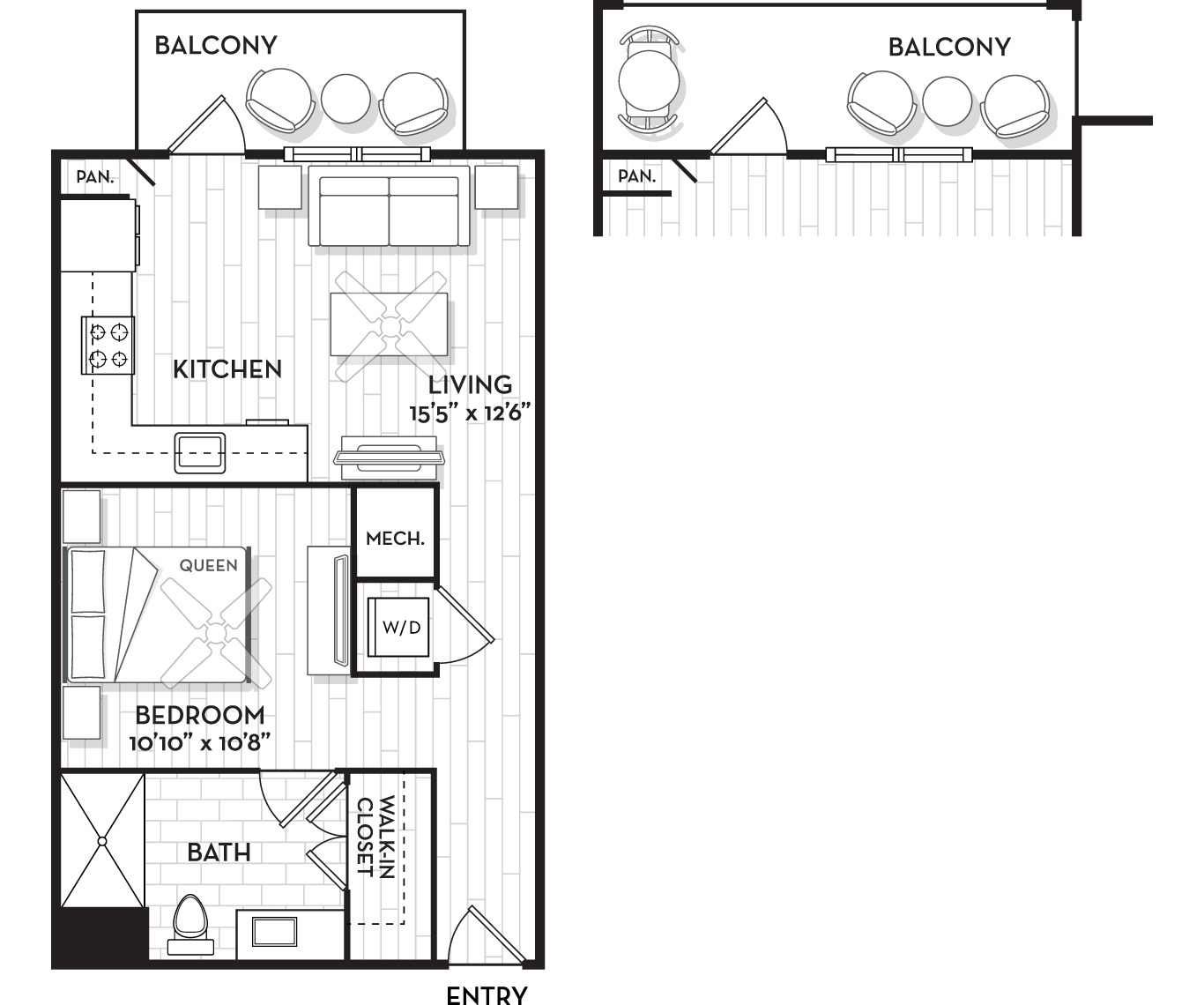 Floor plan for studio, 1 bath, 611 sqft