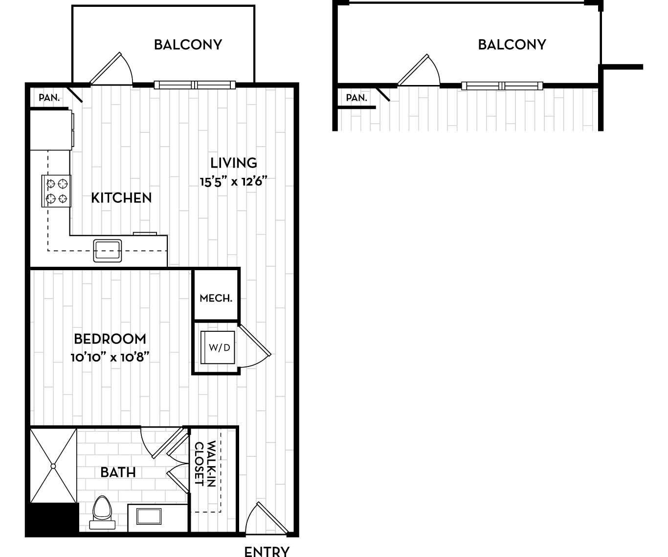 Floor plan for studio, 1 bath, 611 sqft