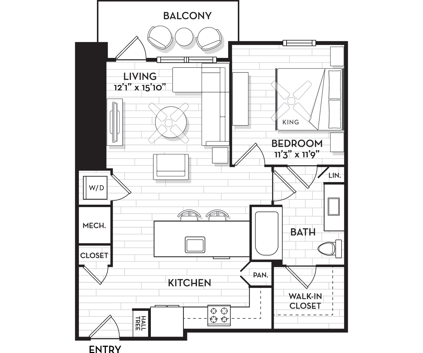 Floor plan for 1 bed, 1 bath, 737 sqft
