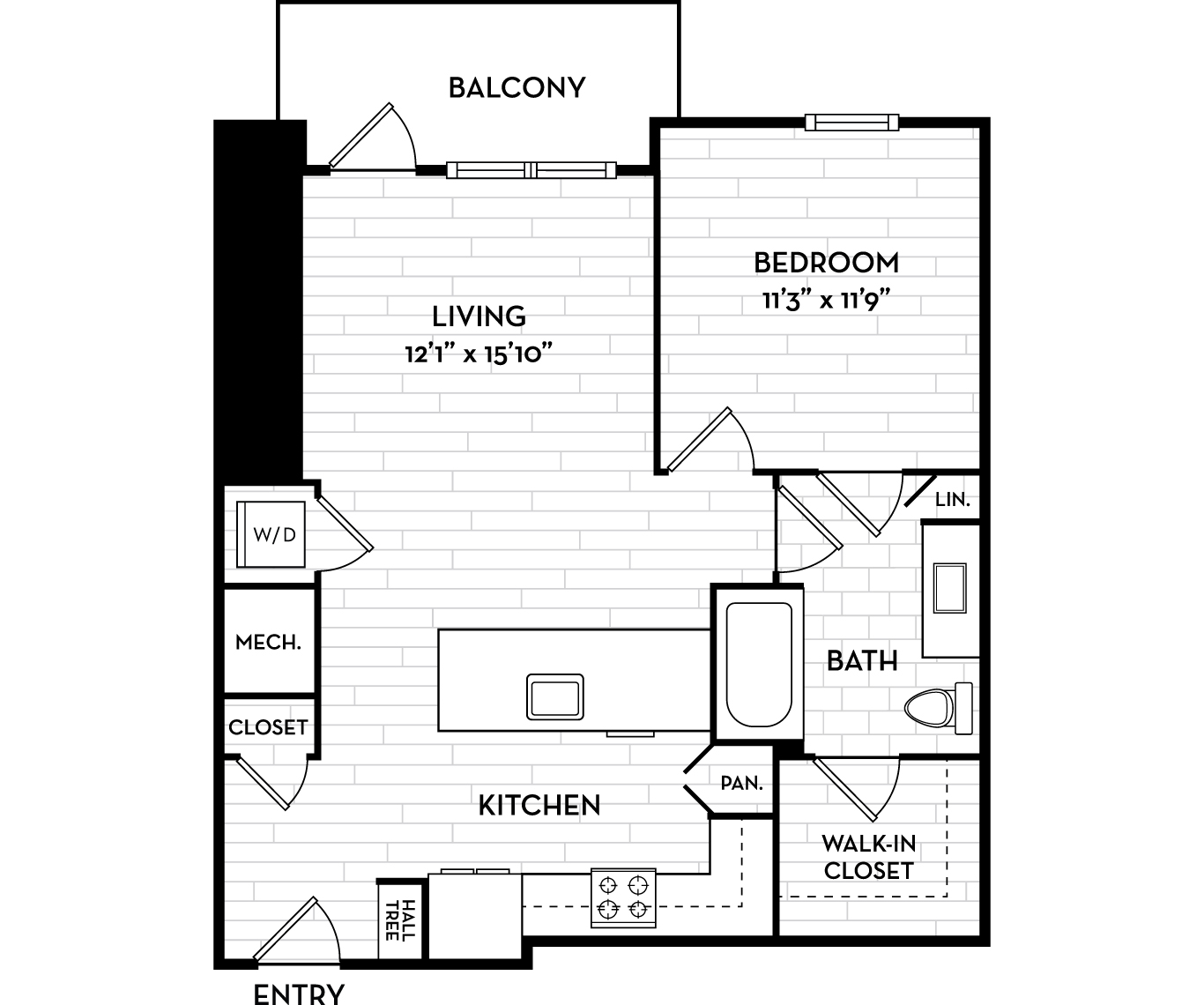 Floor plan for 1 bed, 1 bath, 737 sqft