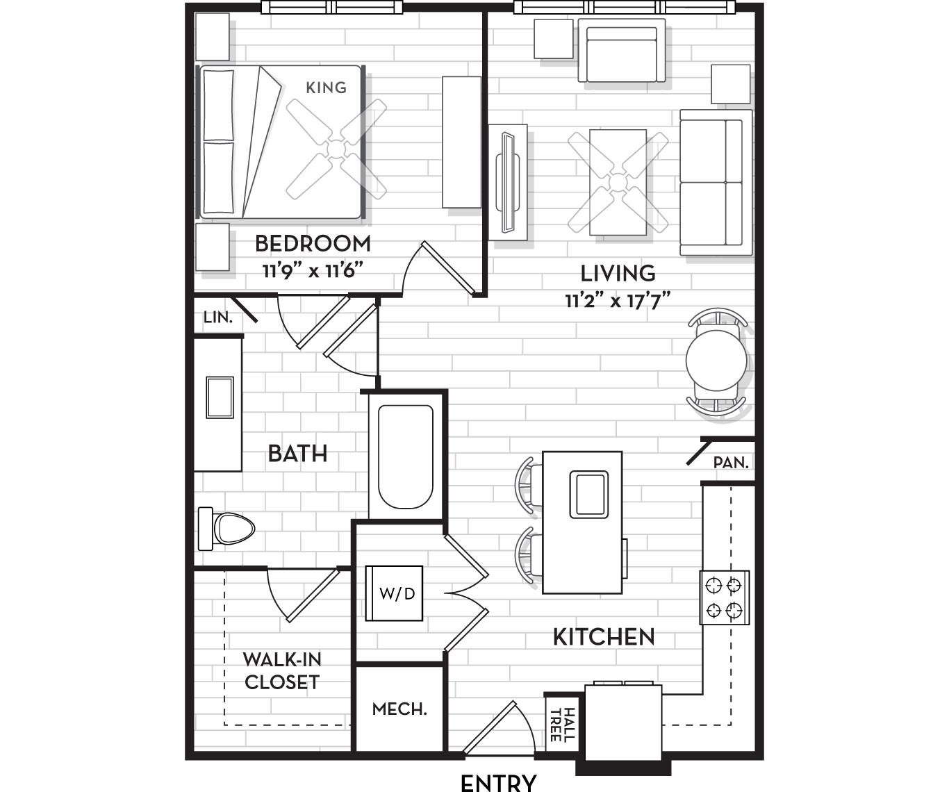 Floor plan for 1 bed, 1 bath, 768 sqft