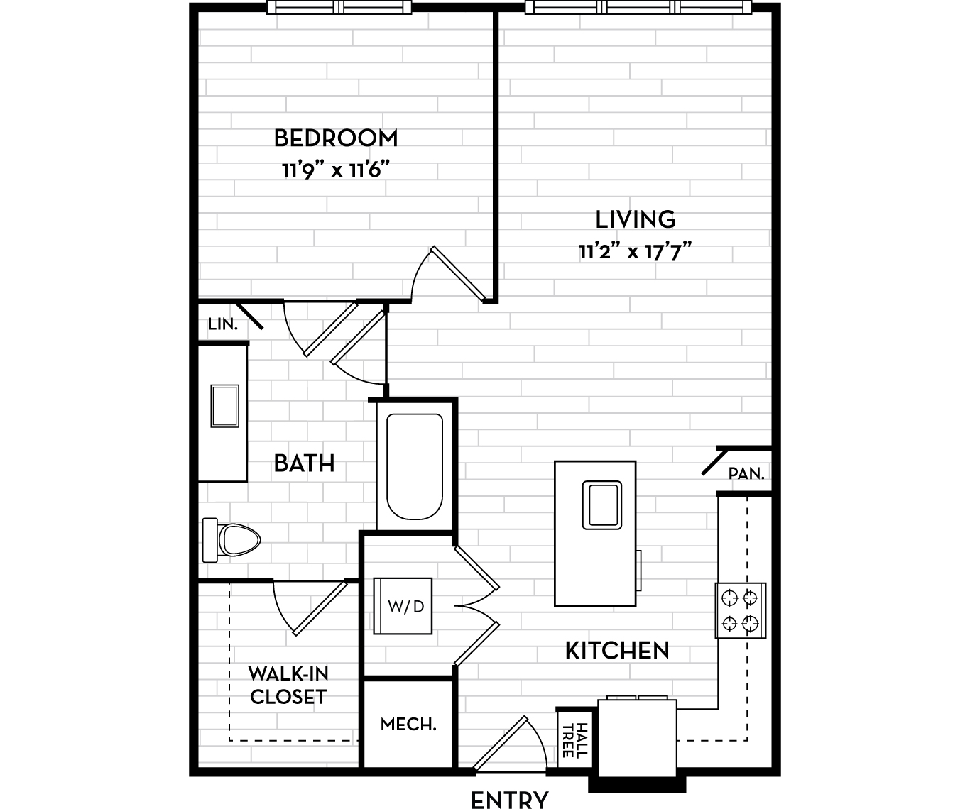 Floor plan for 1 bed, 1 bath, 768 sqft