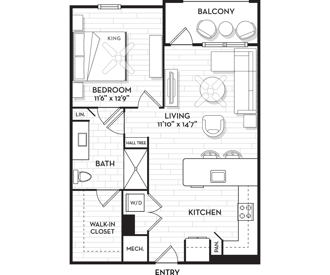 Floor plan for 1 bed, 1 bath, 775 sqft