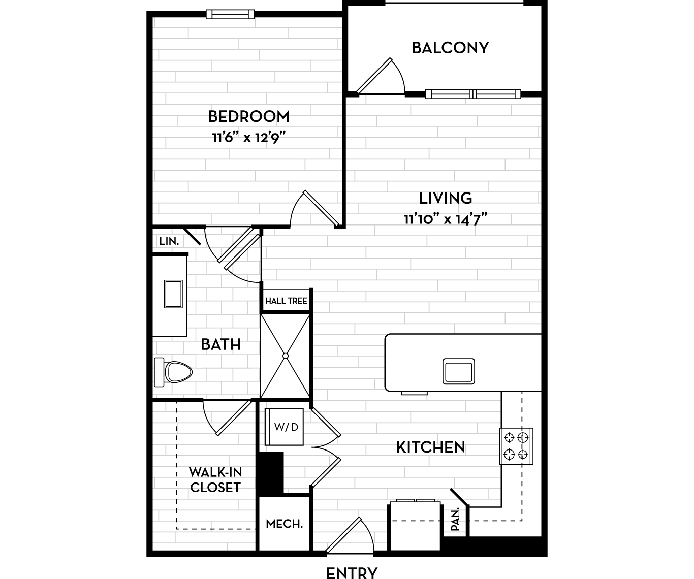 Floor plan for 1 bed, 1 bath, 775 sqft