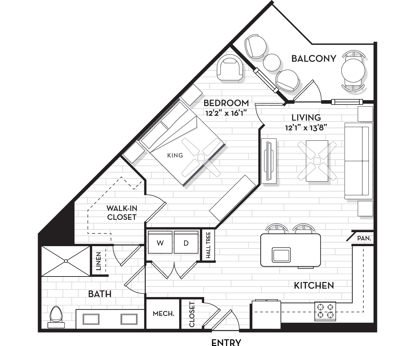 Floor plan for 1 bed, 1 bath, 839 sqft