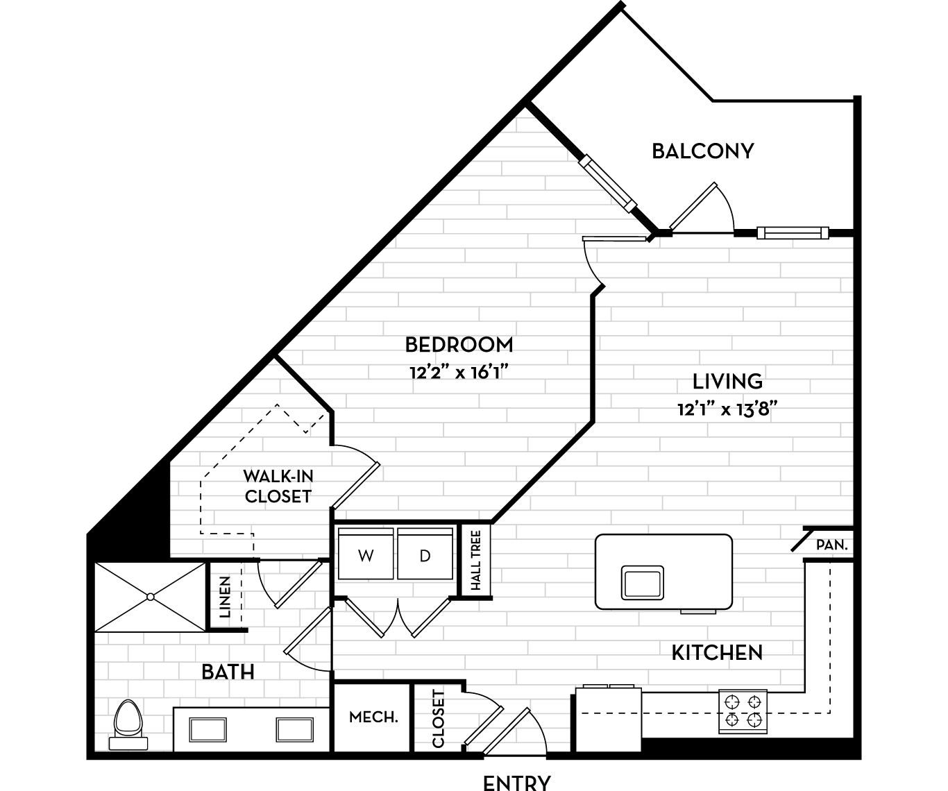 Floor plan for 1 bed, 1 bath, 839 sqft