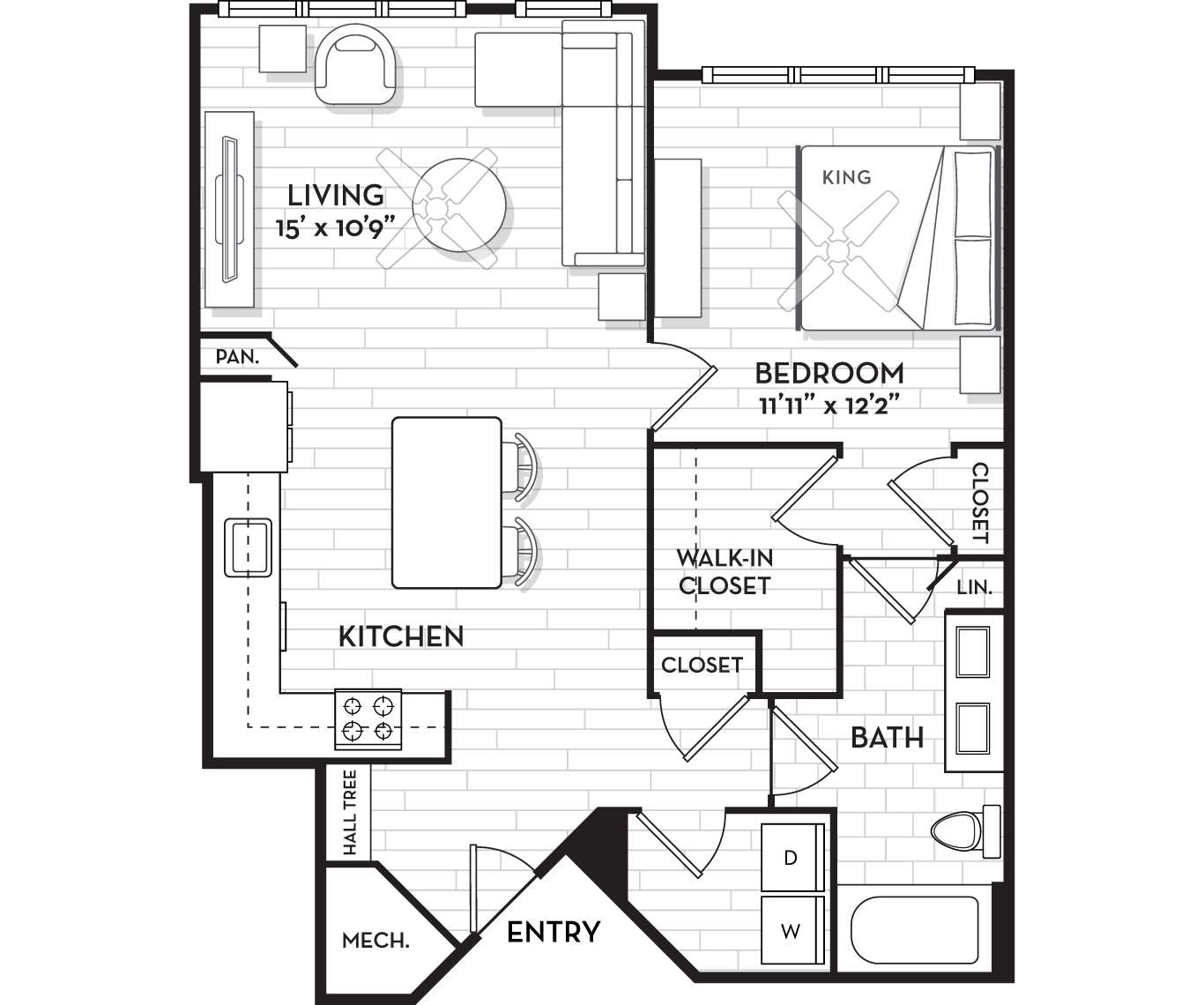 Floor plan for 1 bed, 1 bath, 876 sqft