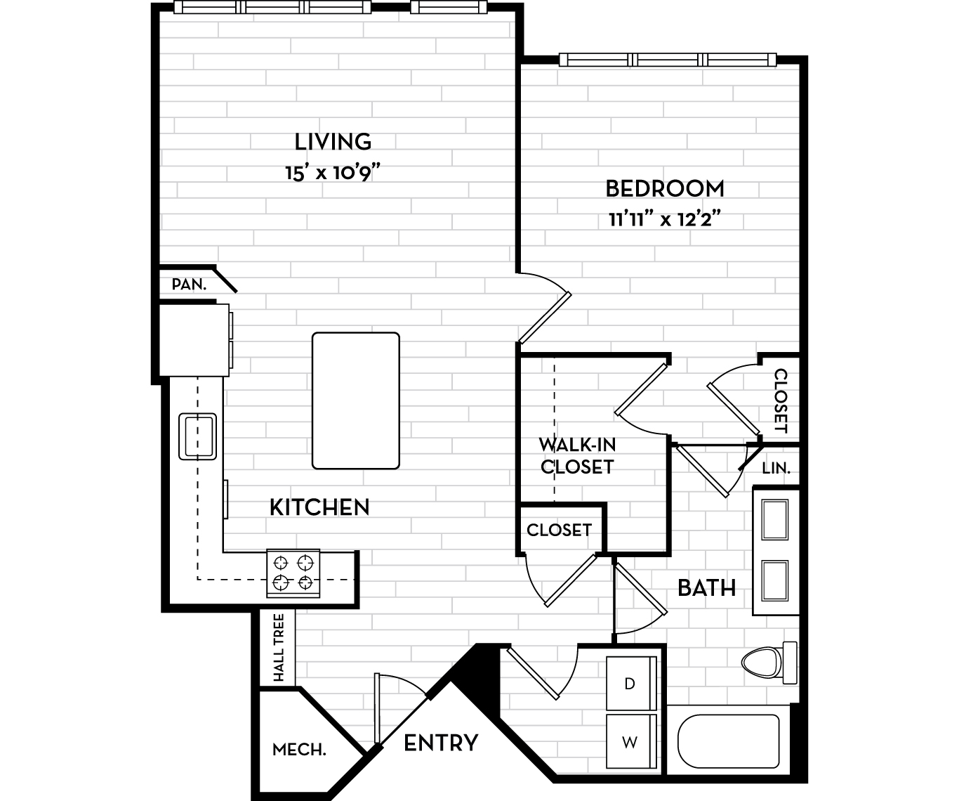 Floor plan for 1 bed, 1 bath, 876 sqft