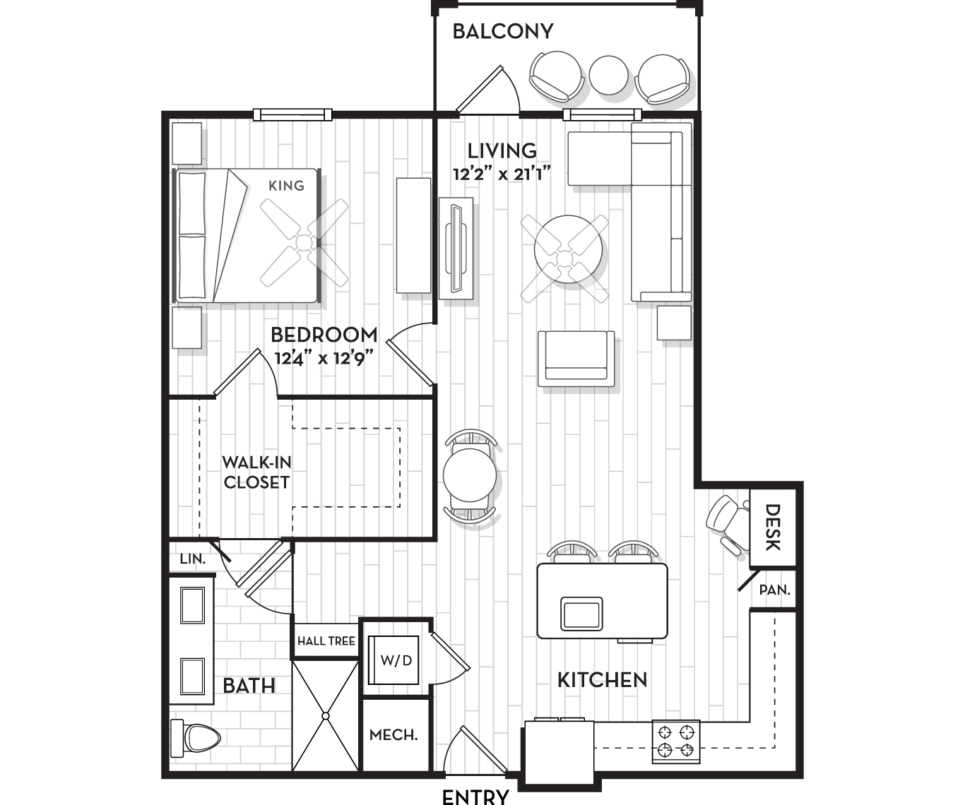 Floor plan for 1 bed, 1 bath, 882 sqft
