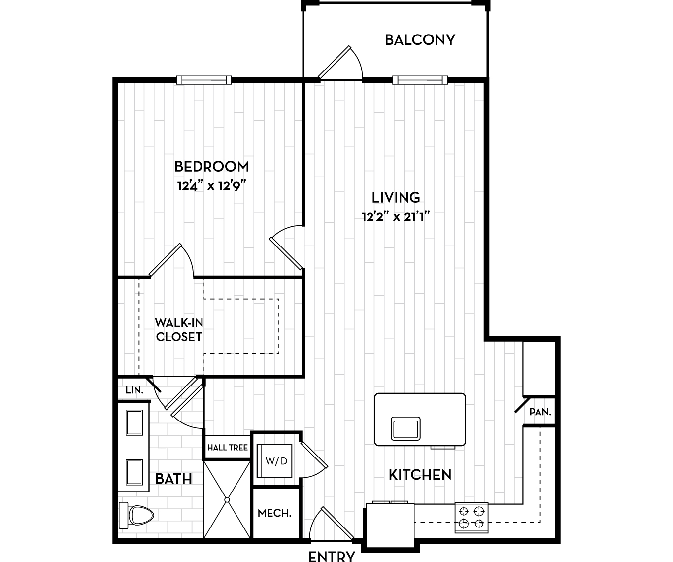 Floor plan for 1 bed, 1 bath, 882 sqft