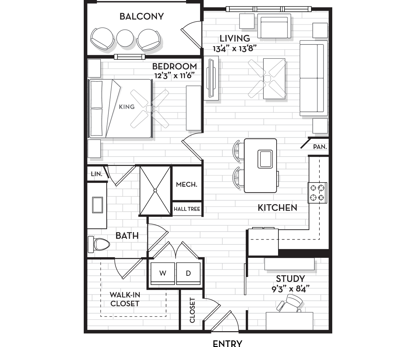Floor plan for 1 bed, 1 bath, 891 sqft