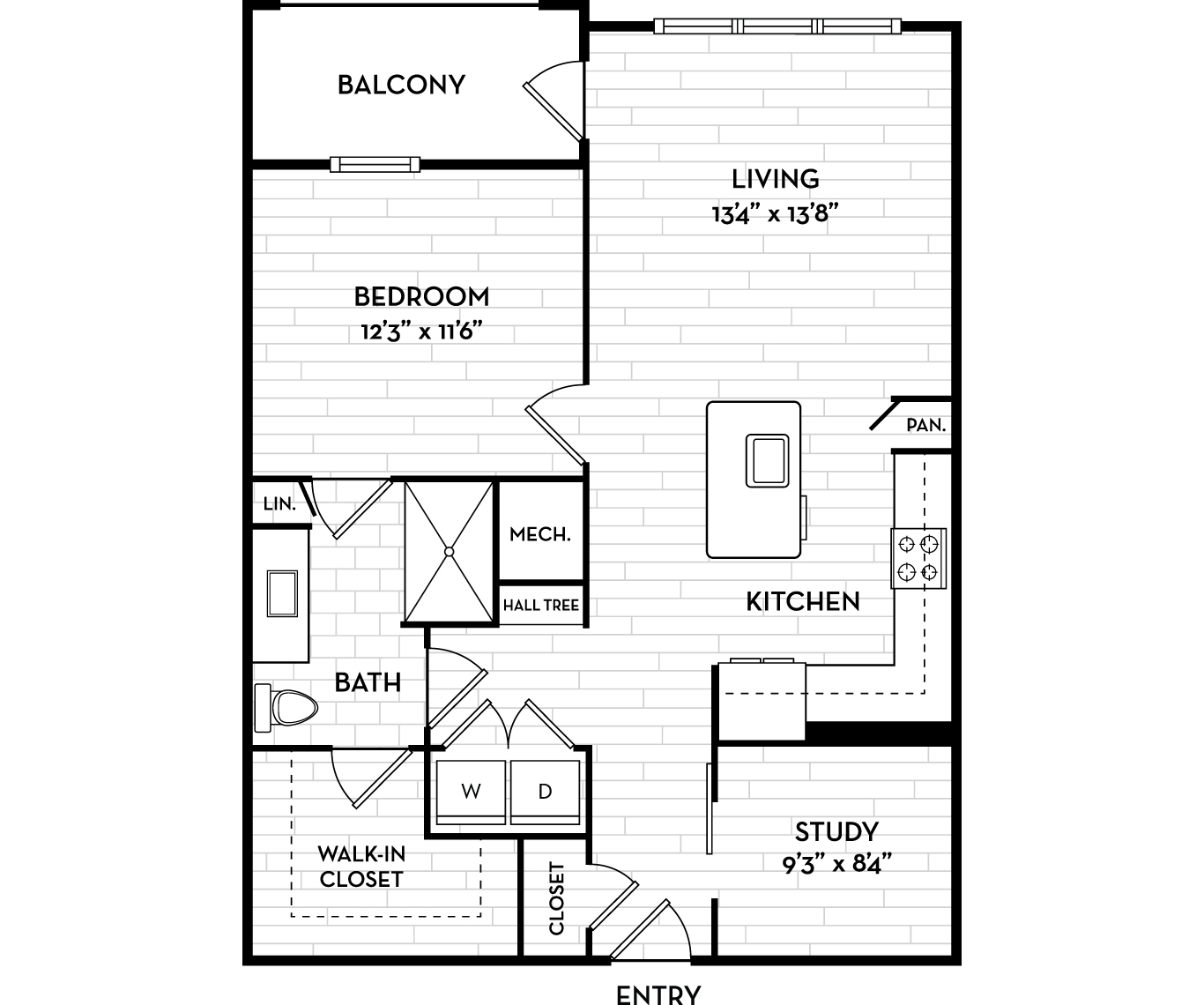 Floor plan for 1 bed, 1 bath, 891 sqft