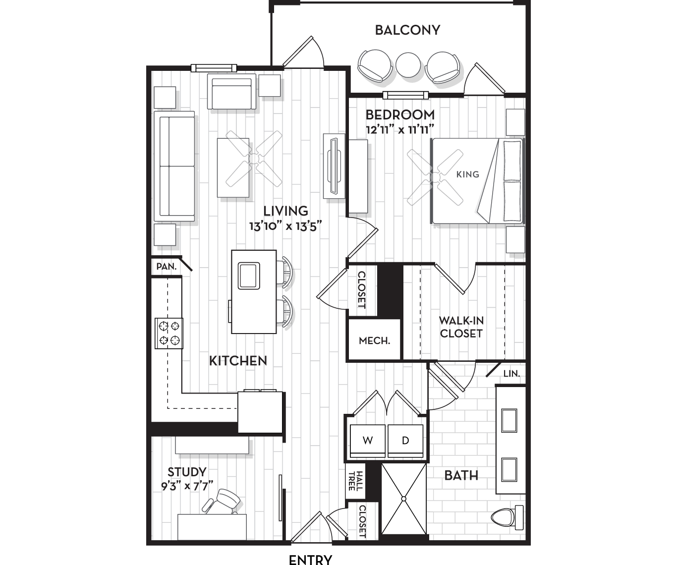 Floor plan for 1 bed, 1 bath, 963 sqft