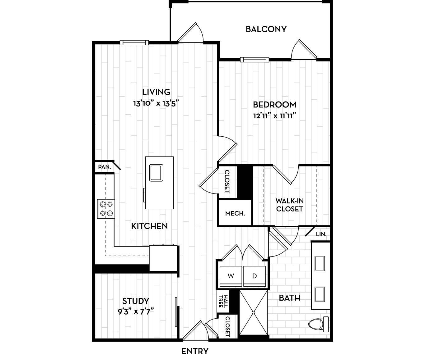 Floor plan for 1 bed, 1 bath, 963 sqft