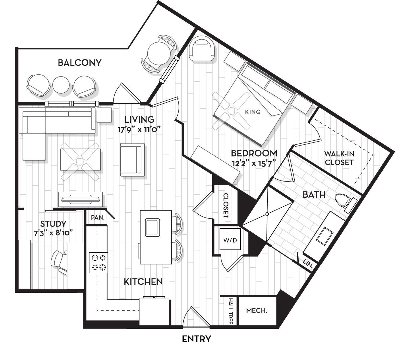 Floor plan for 1 bed, 1 bath, 976 sqft