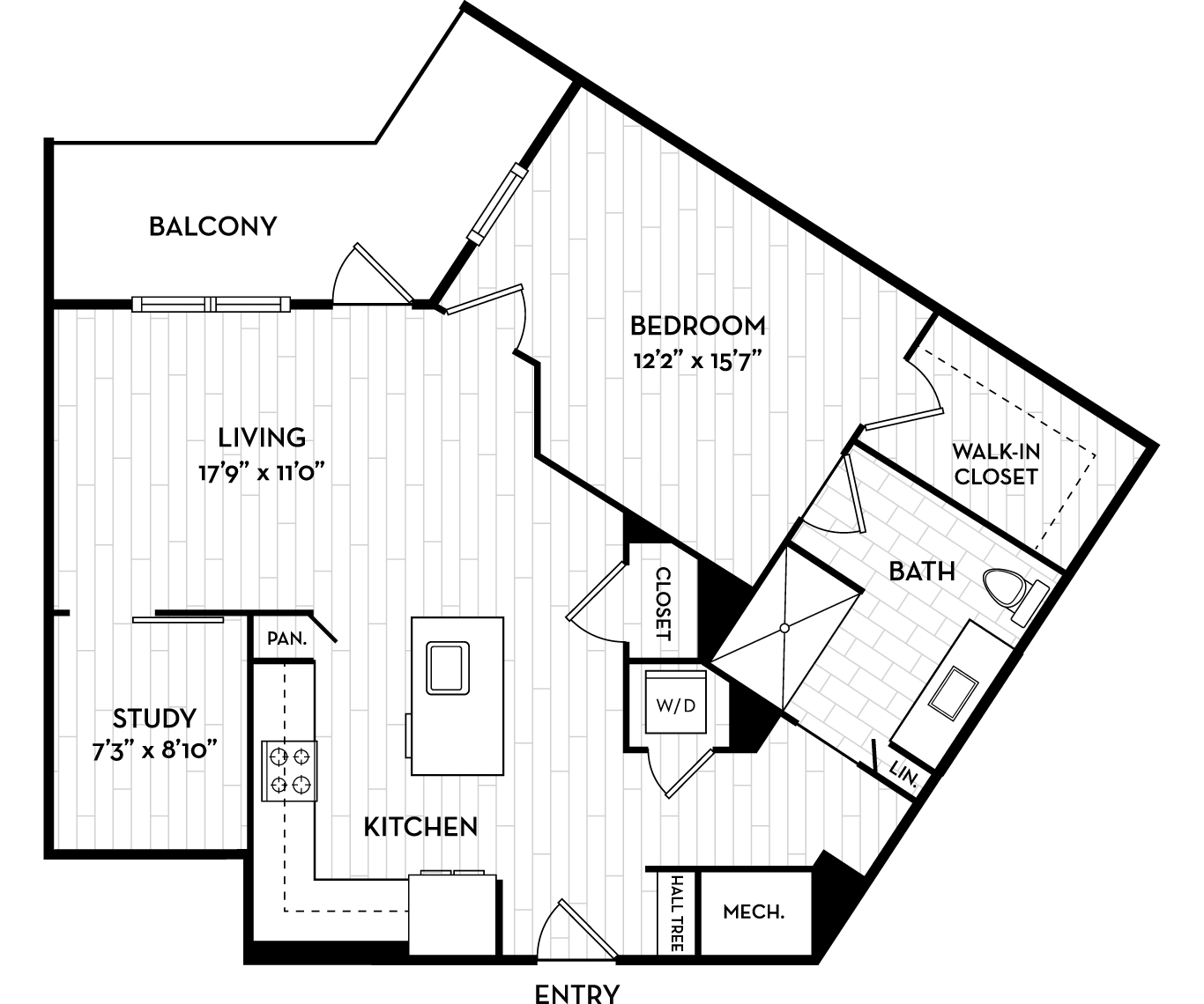 Floor plan for 1 bed, 1 bath, 976 sqft